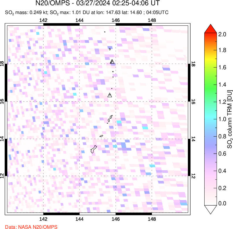 A sulfur dioxide image over Anatahan, Mariana Islands on Mar 27, 2024.