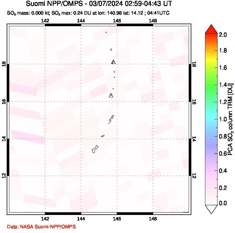 A sulfur dioxide image over Anatahan, Mariana Islands on Mar 07, 2024.