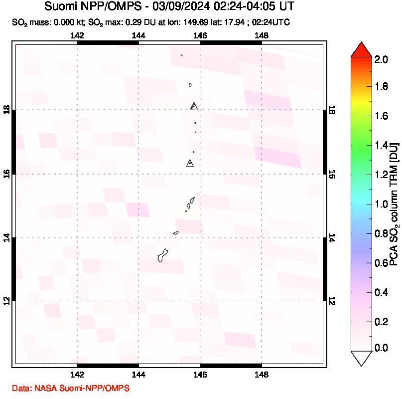 A sulfur dioxide image over Anatahan, Mariana Islands on Mar 09, 2024.