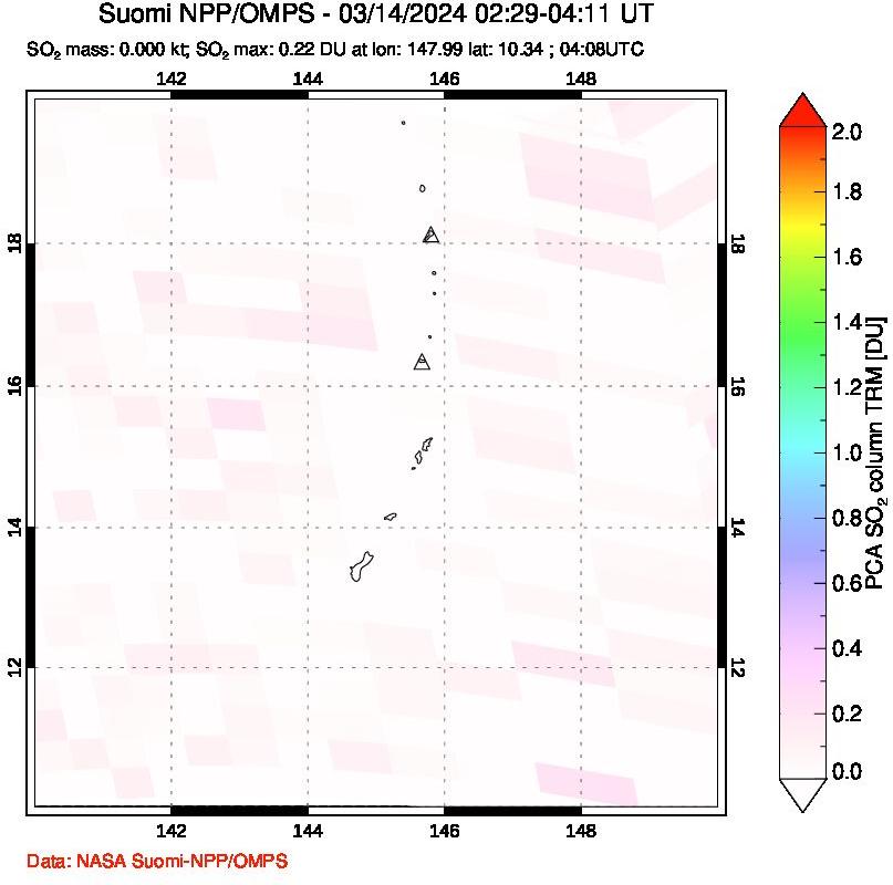 A sulfur dioxide image over Anatahan, Mariana Islands on Mar 14, 2024.