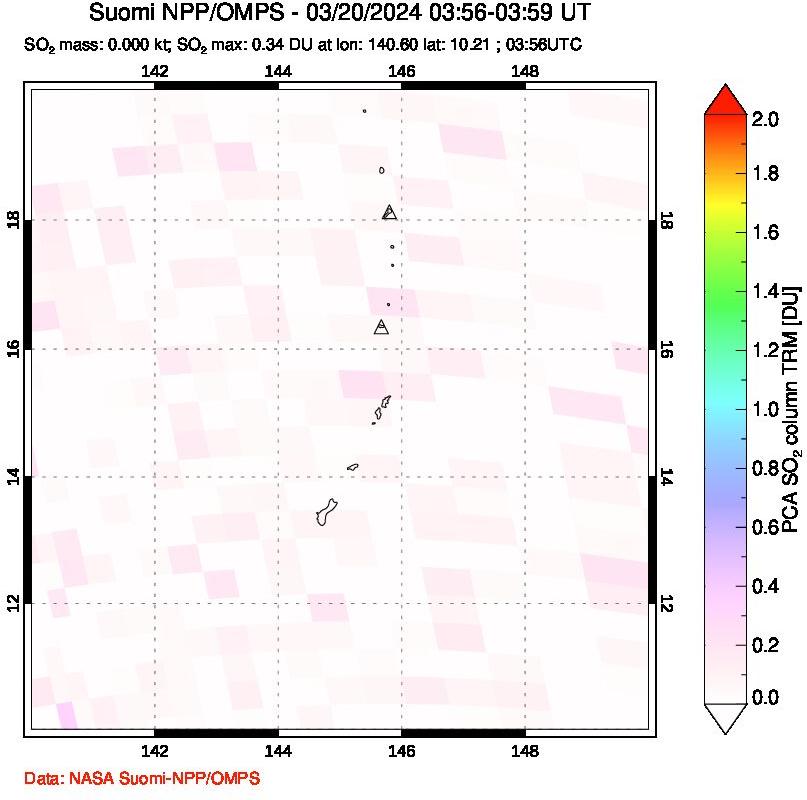 A sulfur dioxide image over Anatahan, Mariana Islands on Mar 20, 2024.