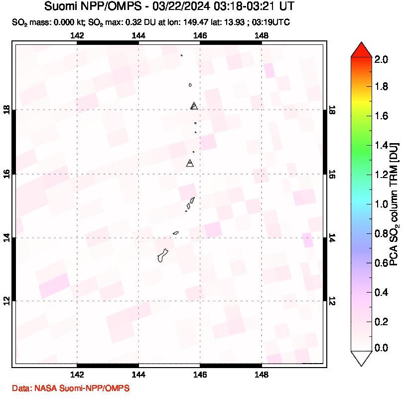 A sulfur dioxide image over Anatahan, Mariana Islands on Mar 22, 2024.