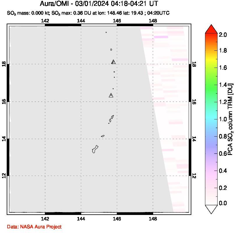 A sulfur dioxide image over Anatahan, Mariana Islands on Mar 01, 2024.