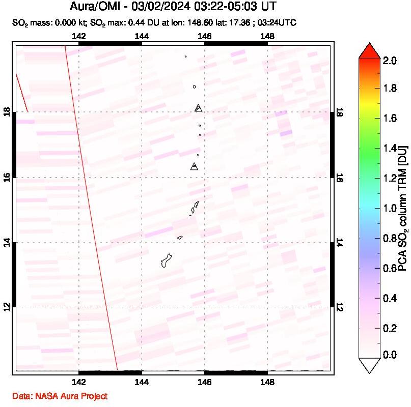 A sulfur dioxide image over Anatahan, Mariana Islands on Mar 02, 2024.