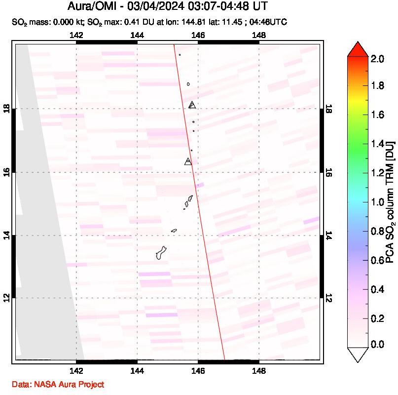 A sulfur dioxide image over Anatahan, Mariana Islands on Mar 04, 2024.