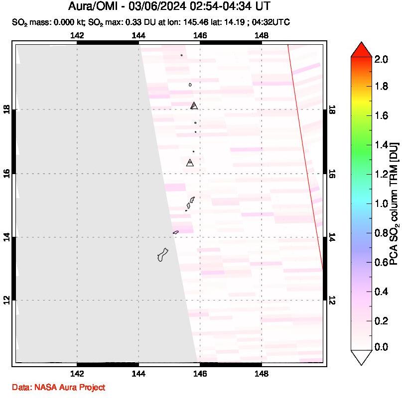 A sulfur dioxide image over Anatahan, Mariana Islands on Mar 06, 2024.