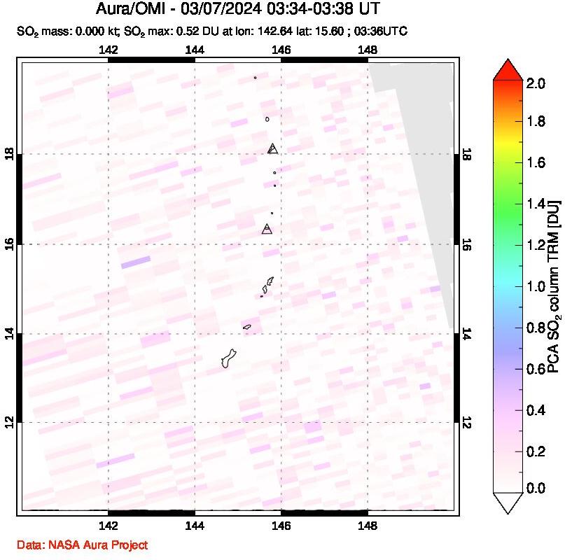 A sulfur dioxide image over Anatahan, Mariana Islands on Mar 07, 2024.