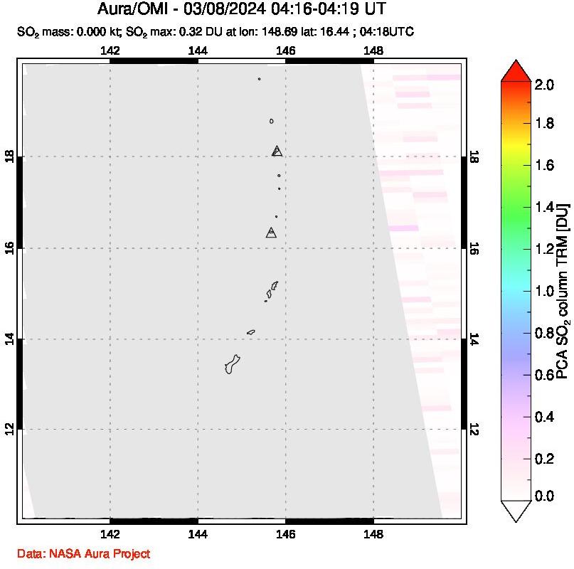 A sulfur dioxide image over Anatahan, Mariana Islands on Mar 08, 2024.