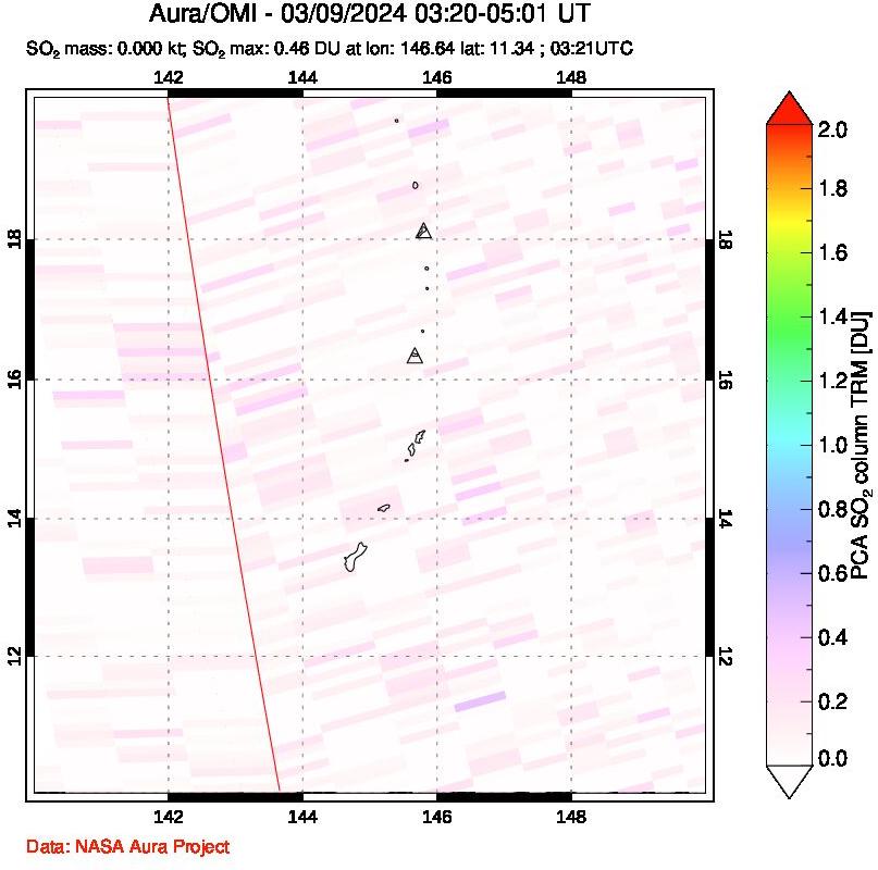 A sulfur dioxide image over Anatahan, Mariana Islands on Mar 09, 2024.