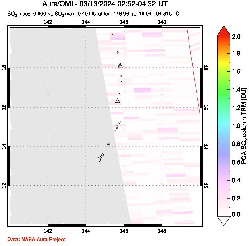 A sulfur dioxide image over Anatahan, Mariana Islands on Mar 13, 2024.