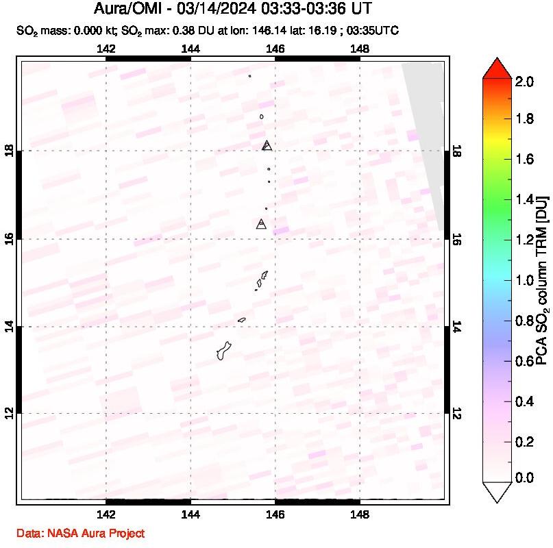 A sulfur dioxide image over Anatahan, Mariana Islands on Mar 14, 2024.