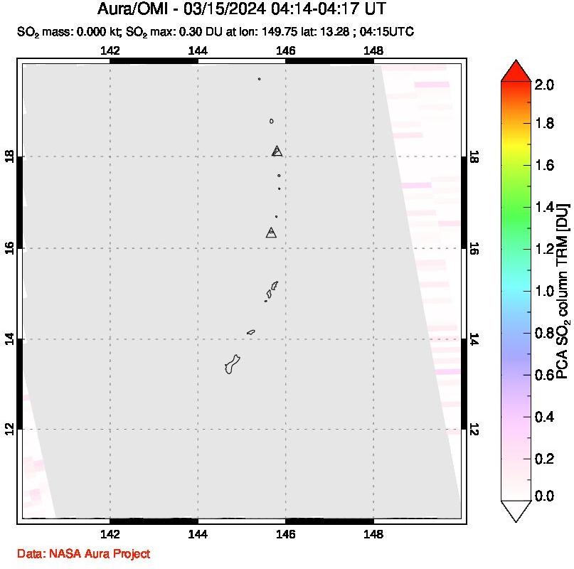 A sulfur dioxide image over Anatahan, Mariana Islands on Mar 15, 2024.