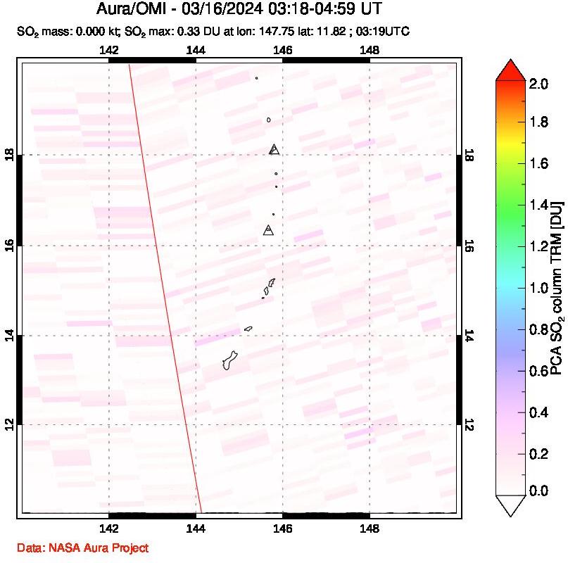 A sulfur dioxide image over Anatahan, Mariana Islands on Mar 16, 2024.