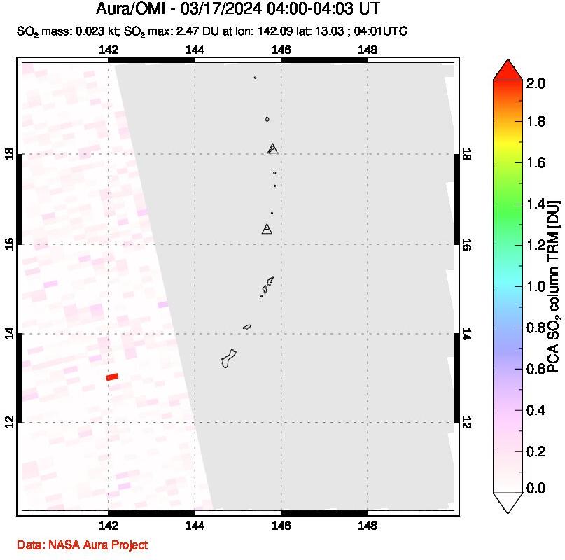 A sulfur dioxide image over Anatahan, Mariana Islands on Mar 17, 2024.