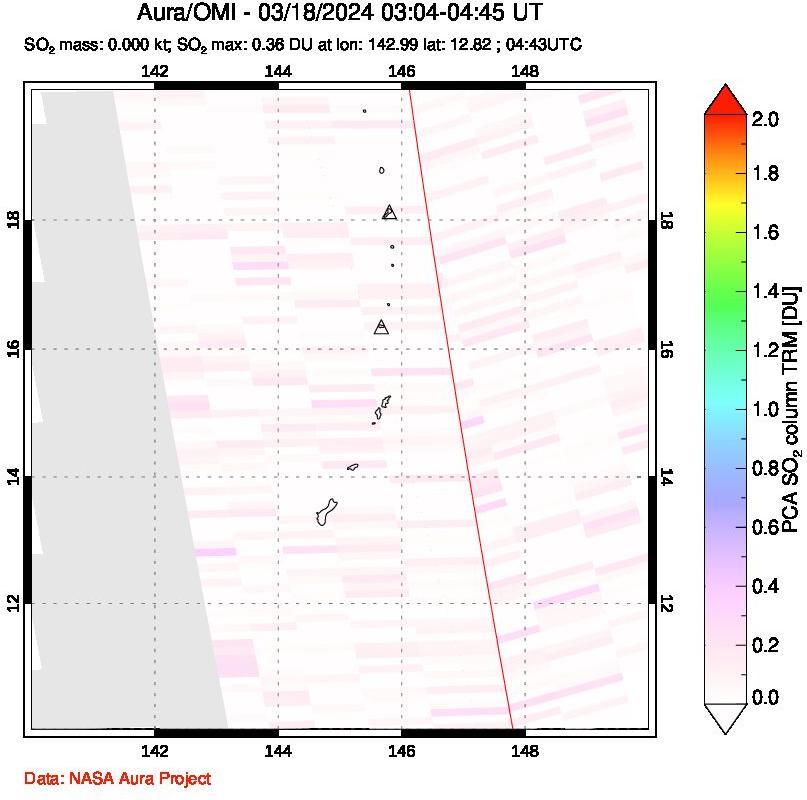 A sulfur dioxide image over Anatahan, Mariana Islands on Mar 18, 2024.