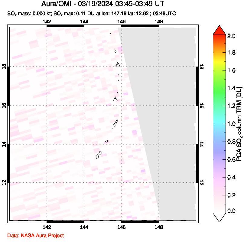 A sulfur dioxide image over Anatahan, Mariana Islands on Mar 19, 2024.