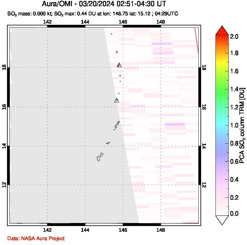 A sulfur dioxide image over Anatahan, Mariana Islands on Mar 20, 2024.