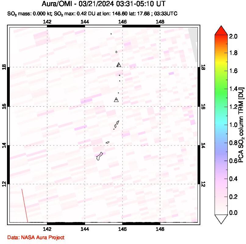 A sulfur dioxide image over Anatahan, Mariana Islands on Mar 21, 2024.