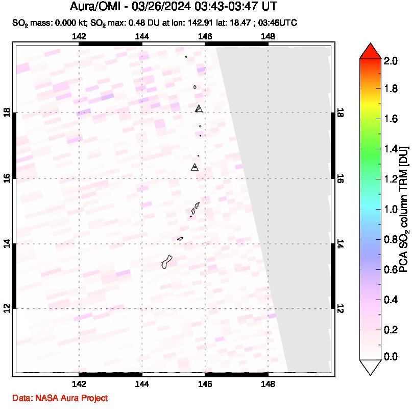 A sulfur dioxide image over Anatahan, Mariana Islands on Mar 26, 2024.