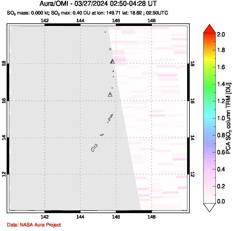 A sulfur dioxide image over Anatahan, Mariana Islands on Mar 27, 2024.