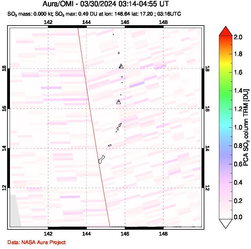 A sulfur dioxide image over Anatahan, Mariana Islands on Mar 30, 2024.