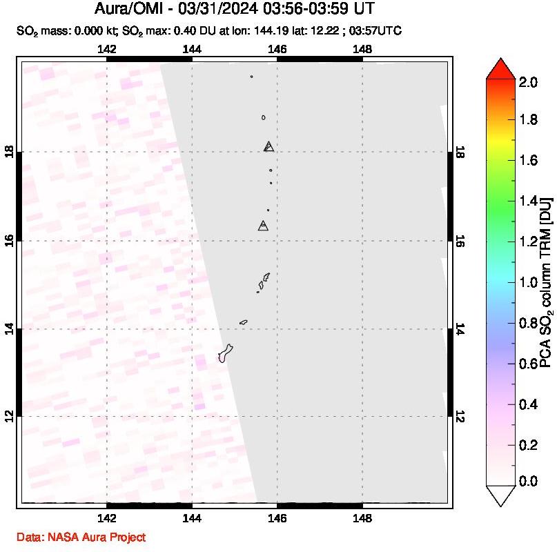 A sulfur dioxide image over Anatahan, Mariana Islands on Mar 31, 2024.