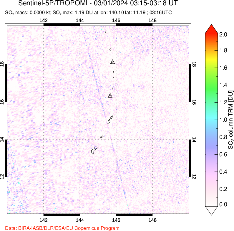 A sulfur dioxide image over Anatahan, Mariana Islands on Mar 01, 2024.