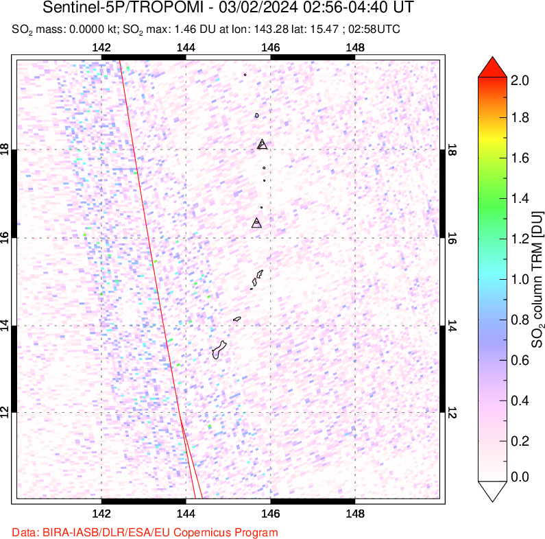 A sulfur dioxide image over Anatahan, Mariana Islands on Mar 02, 2024.