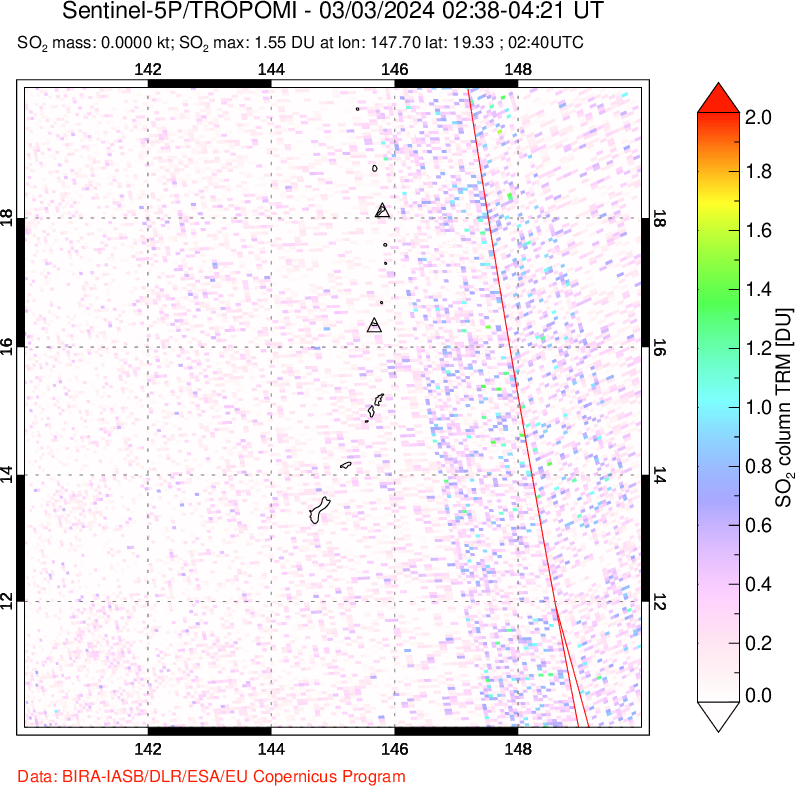 A sulfur dioxide image over Anatahan, Mariana Islands on Mar 03, 2024.