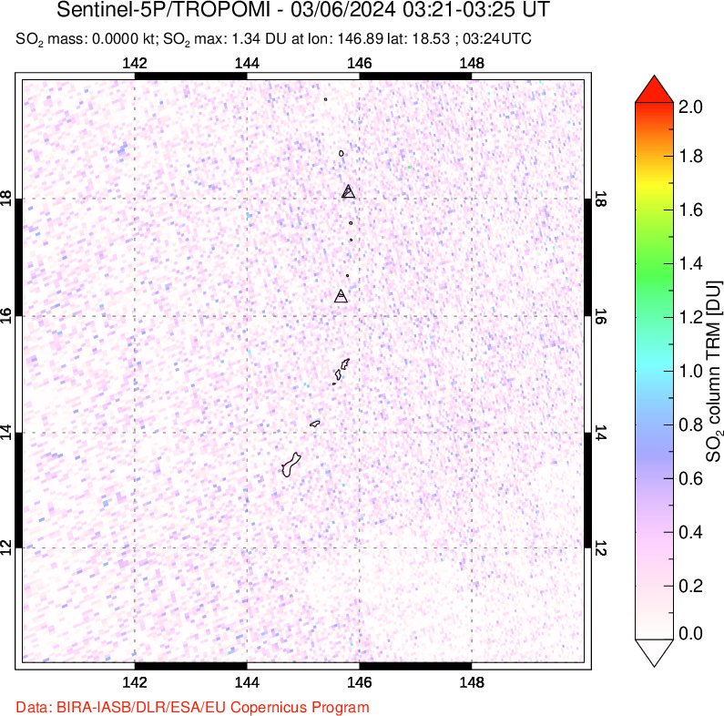 A sulfur dioxide image over Anatahan, Mariana Islands on Mar 06, 2024.