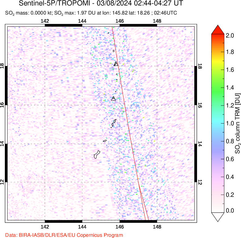 A sulfur dioxide image over Anatahan, Mariana Islands on Mar 08, 2024.