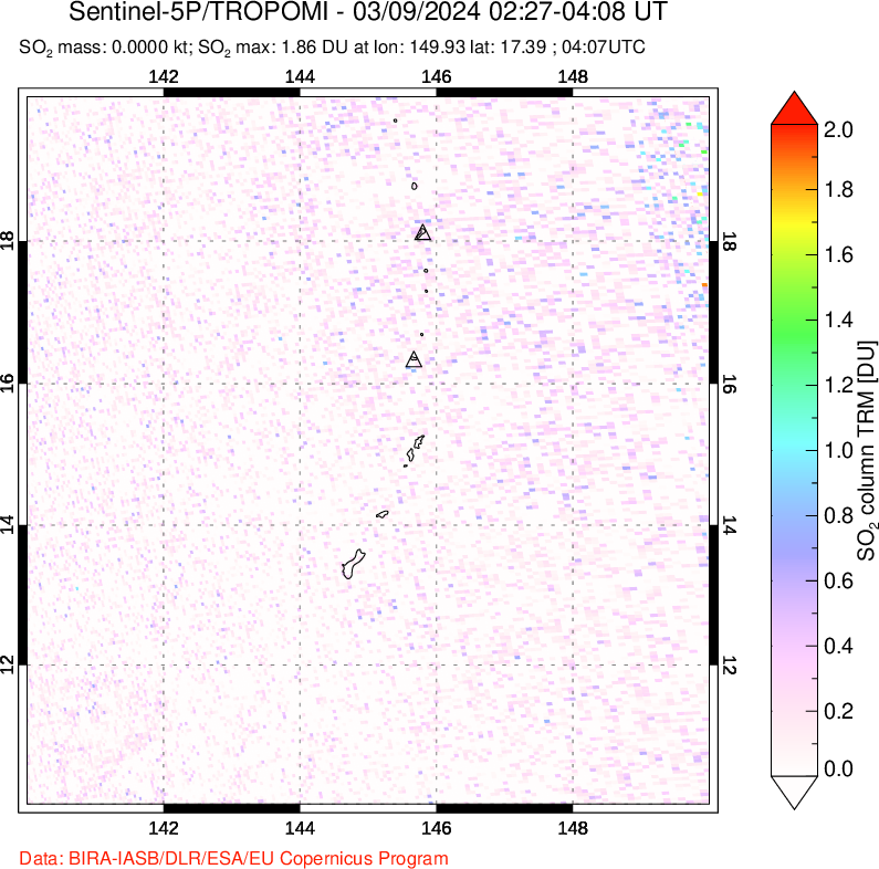 A sulfur dioxide image over Anatahan, Mariana Islands on Mar 09, 2024.