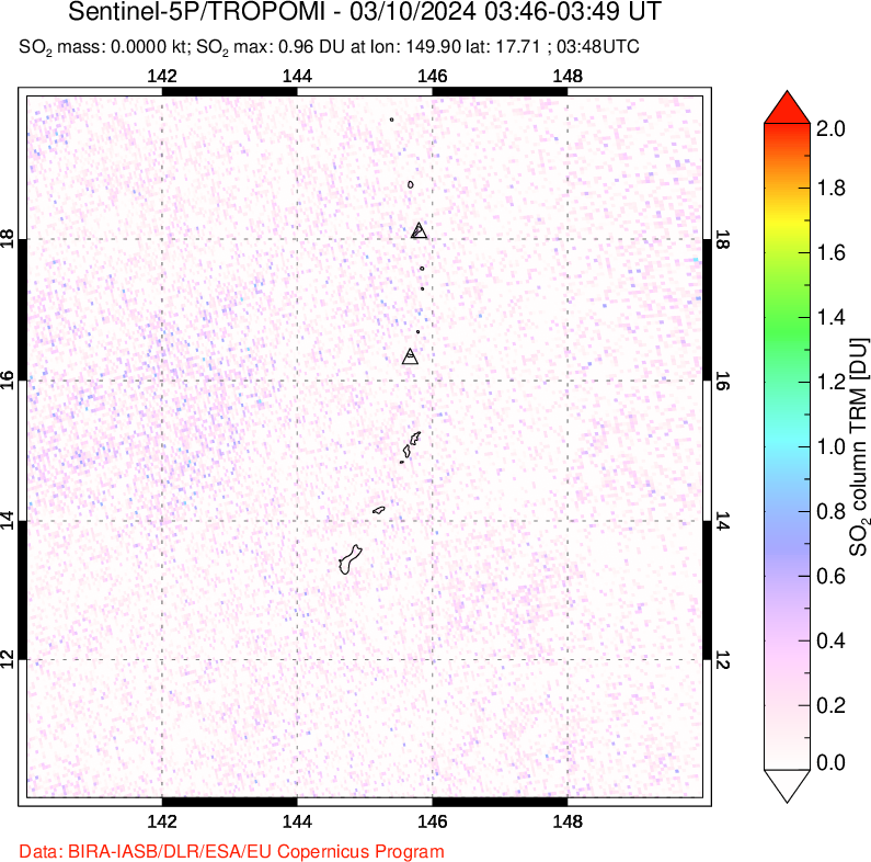 A sulfur dioxide image over Anatahan, Mariana Islands on Mar 10, 2024.