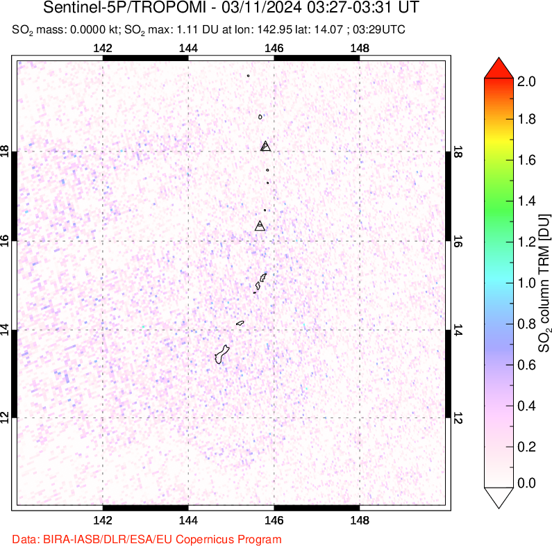 A sulfur dioxide image over Anatahan, Mariana Islands on Mar 11, 2024.