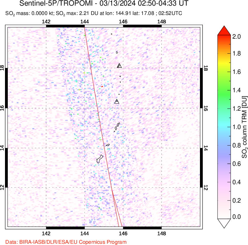 A sulfur dioxide image over Anatahan, Mariana Islands on Mar 13, 2024.