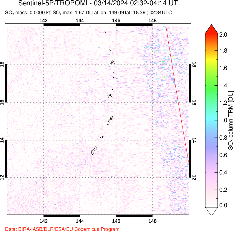 A sulfur dioxide image over Anatahan, Mariana Islands on Mar 14, 2024.