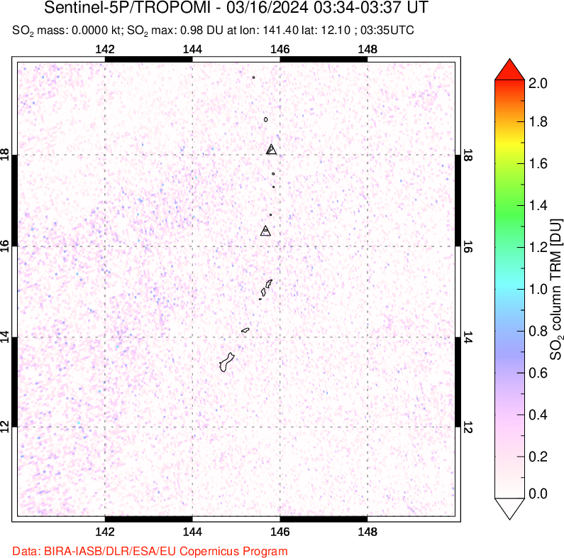 A sulfur dioxide image over Anatahan, Mariana Islands on Mar 16, 2024.