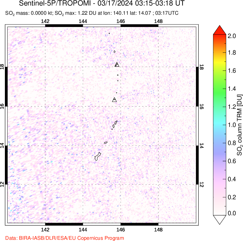 A sulfur dioxide image over Anatahan, Mariana Islands on Mar 17, 2024.