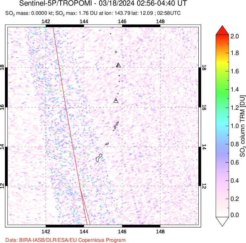 A sulfur dioxide image over Anatahan, Mariana Islands on Mar 18, 2024.