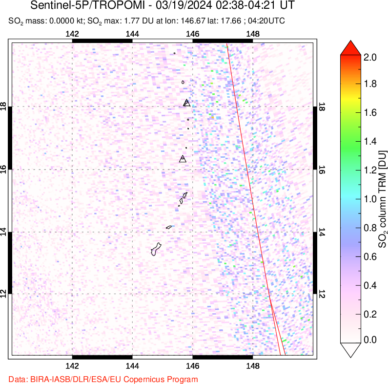 A sulfur dioxide image over Anatahan, Mariana Islands on Mar 19, 2024.