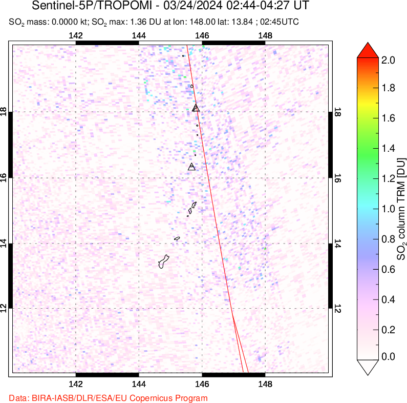 A sulfur dioxide image over Anatahan, Mariana Islands on Mar 24, 2024.