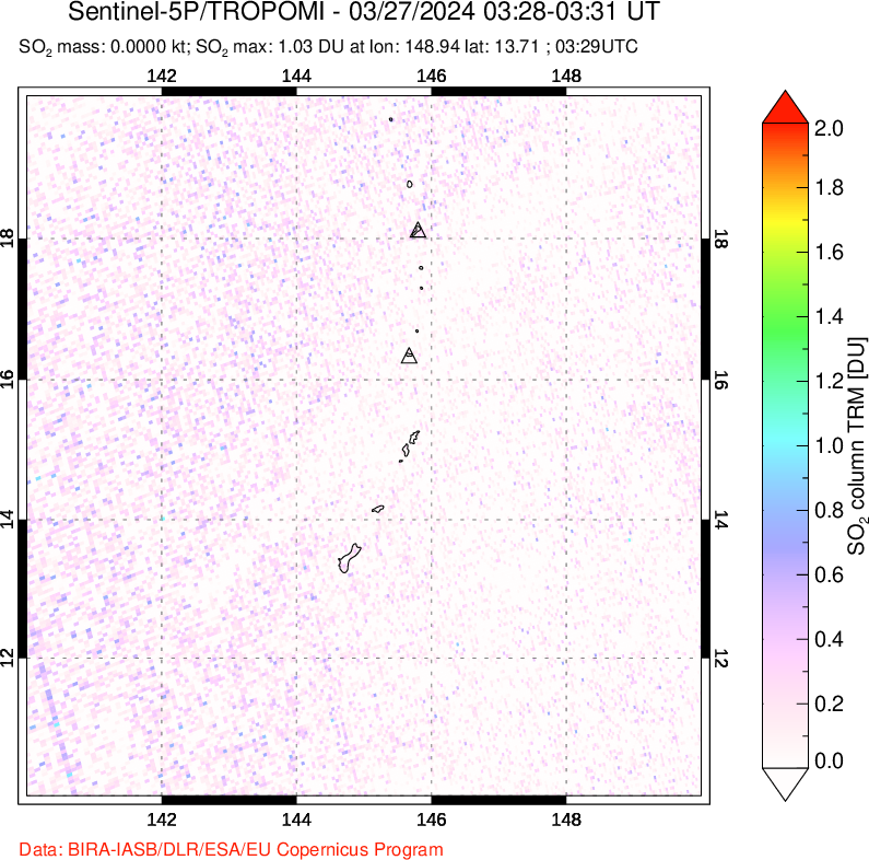 A sulfur dioxide image over Anatahan, Mariana Islands on Mar 27, 2024.