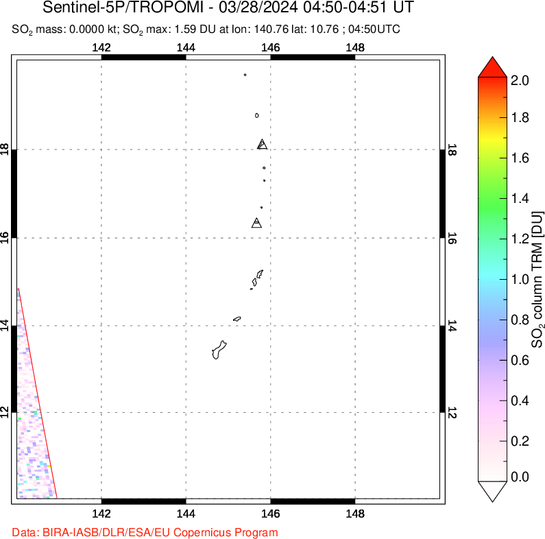 A sulfur dioxide image over Anatahan, Mariana Islands on Mar 28, 2024.