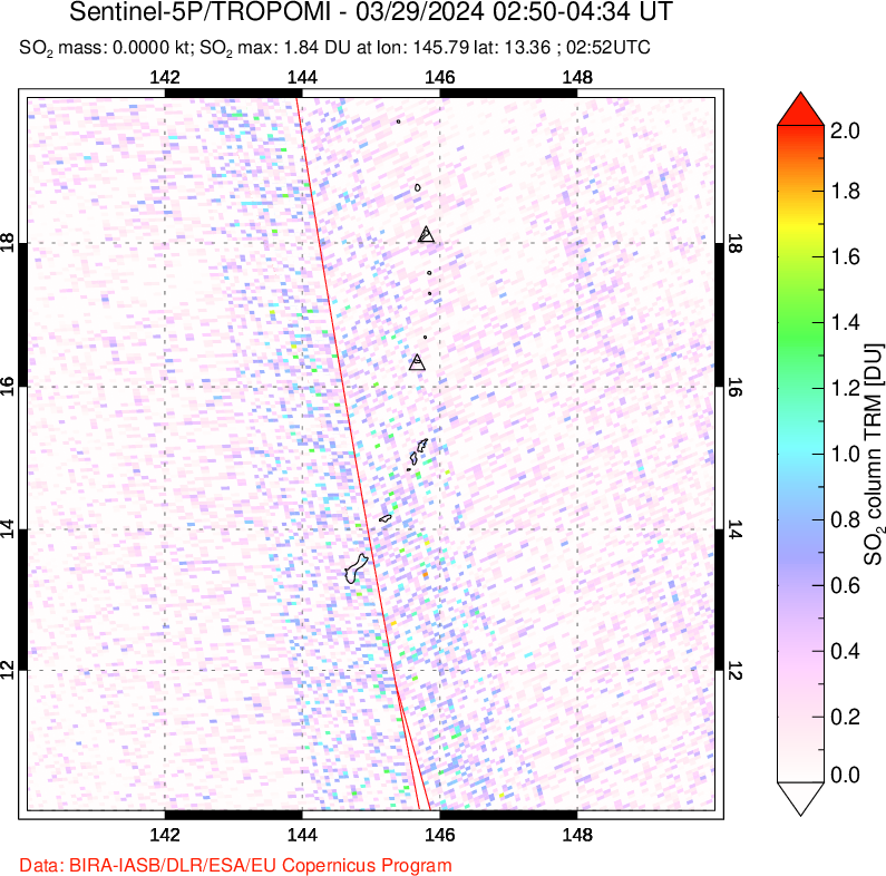 A sulfur dioxide image over Anatahan, Mariana Islands on Mar 29, 2024.