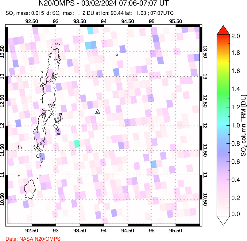 A sulfur dioxide image over Andaman Islands, Indian Ocean on Mar 02, 2024.