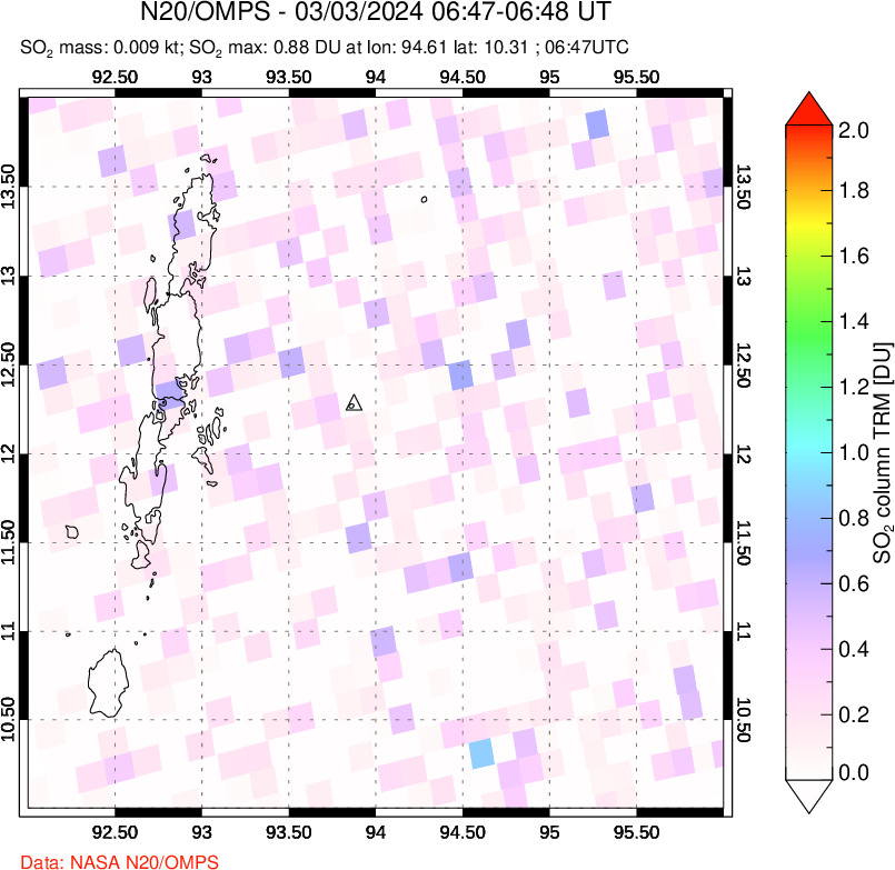 A sulfur dioxide image over Andaman Islands, Indian Ocean on Mar 03, 2024.