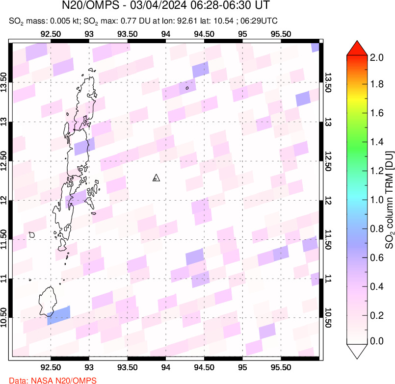 A sulfur dioxide image over Andaman Islands, Indian Ocean on Mar 04, 2024.