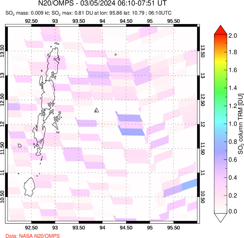 A sulfur dioxide image over Andaman Islands, Indian Ocean on Mar 05, 2024.