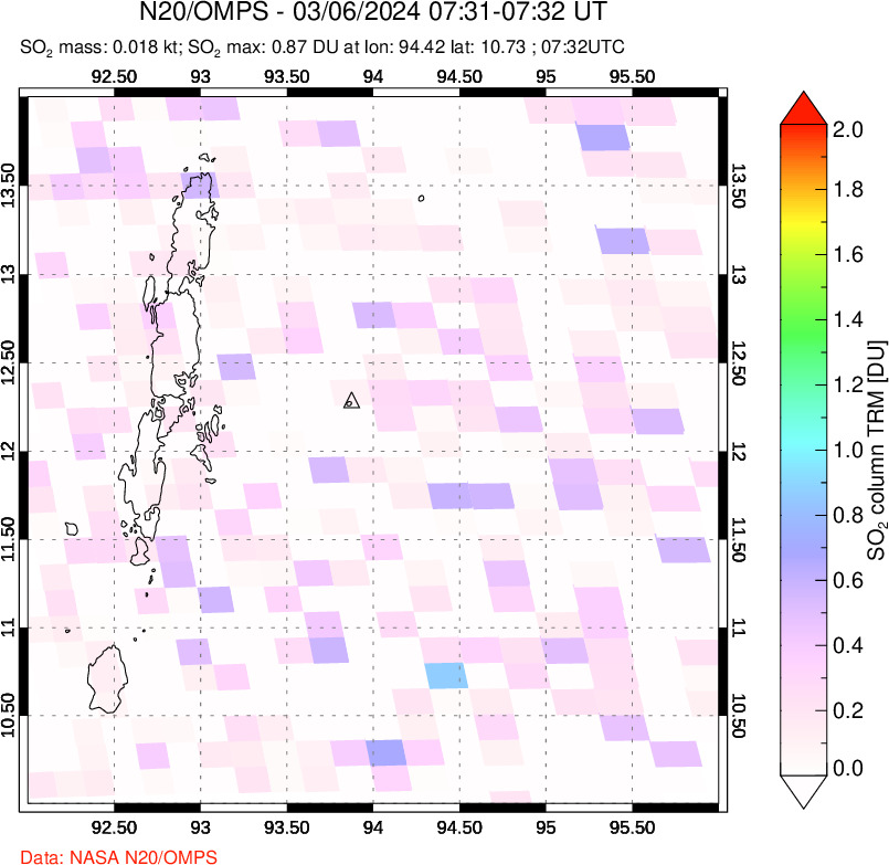 A sulfur dioxide image over Andaman Islands, Indian Ocean on Mar 06, 2024.