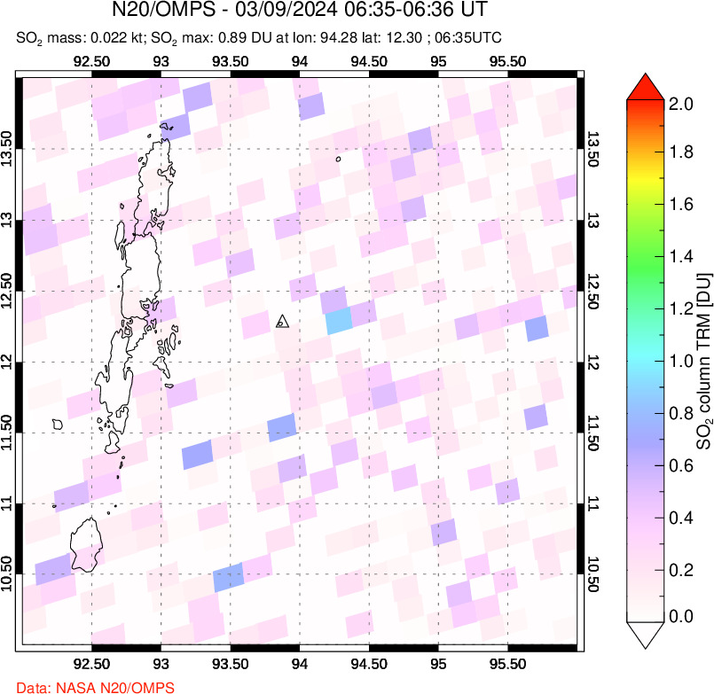 A sulfur dioxide image over Andaman Islands, Indian Ocean on Mar 09, 2024.